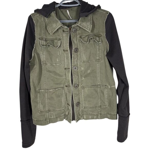 Free People Distressed Hooded Twill Utility Jacket Sz M Army Green Cargo Skater - Picture 2 of 12